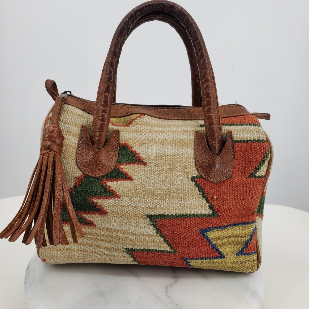 Vintage Southwestern Kilim Woven Satchel Bag Tooled Leather Trim Western Aztec